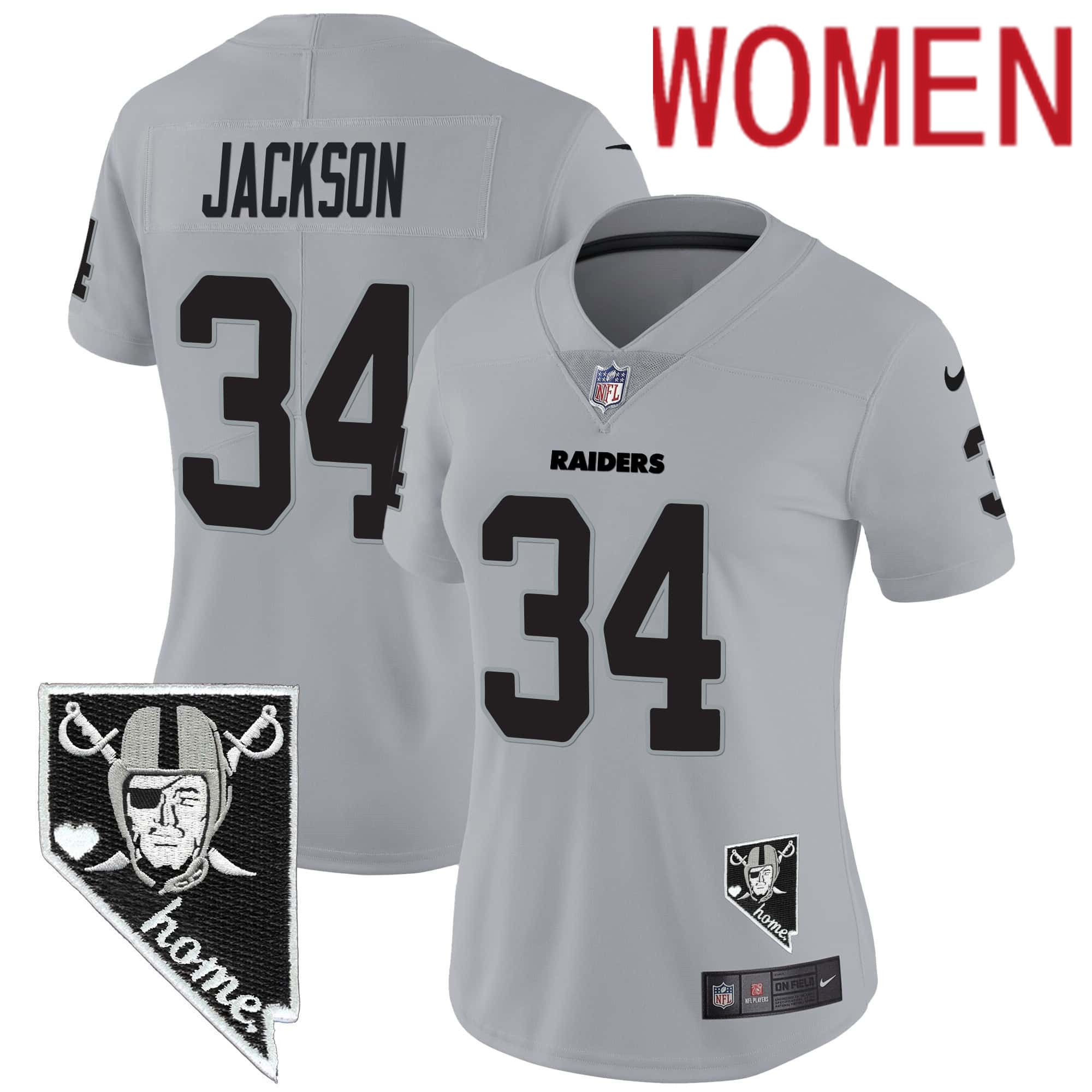 Women Oakland Raiders #34 Jackson Grey 2024 Nike Nevada Home Patch Vapor NFL Jersey->women nfl jersey->Women Jersey